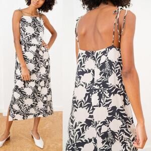 Tribe Alive | NWT Jane Silk Black & Cream Floral Printed Tie Strap Midi Dress